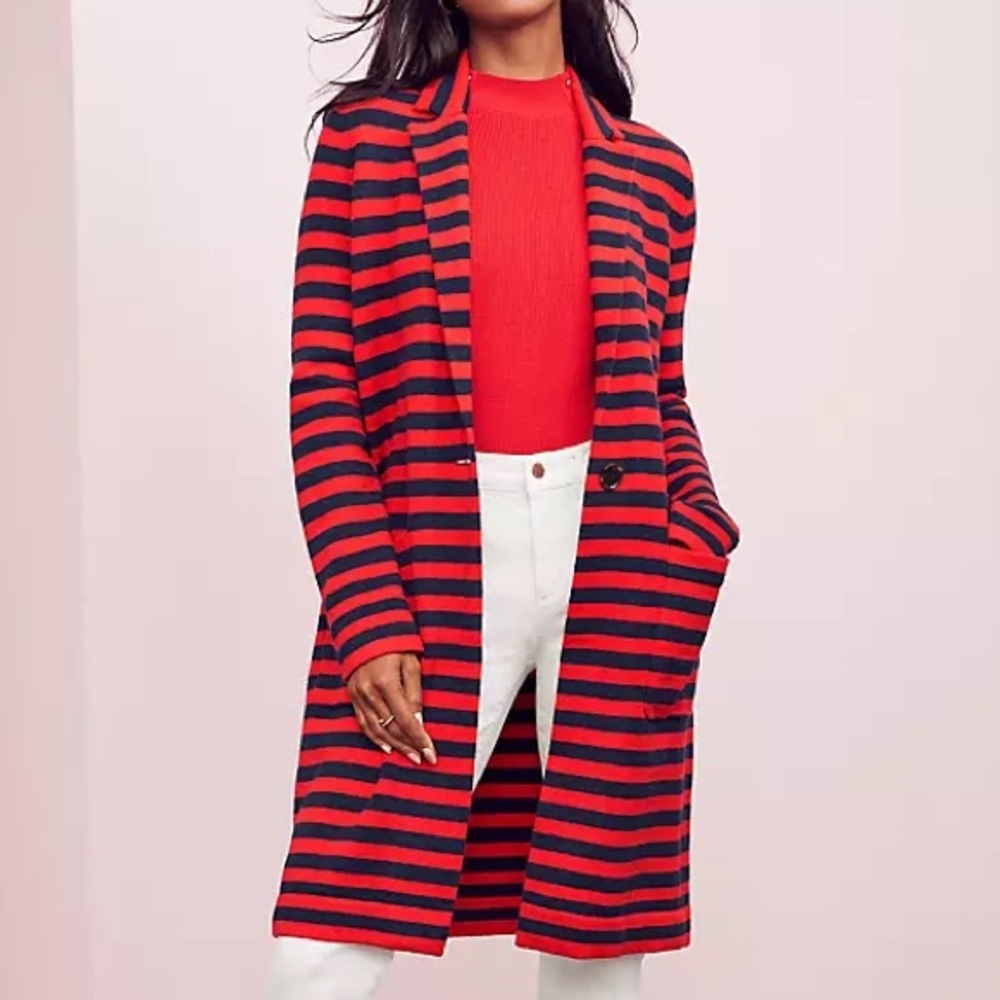 Ann Taylor Petite Women MP Nautical Navy Blue Red Striped Long Coatigan Cardigan